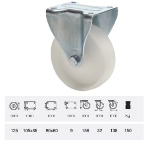 FPPP 1251 1000, Rolă fixă, suprafață de rulare din plastic (polipropilenă), montată în furcă zincată, 125 mm, capacitate de încărcare 150 kg, prindere cu placă