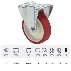 FPPU 1001 5100, Rolă fixă, cu suprafață de rulare din poliuretan, montată în furcă zincată, 100 mm, capacitate de încărcare 150 kg, prindere cu placă