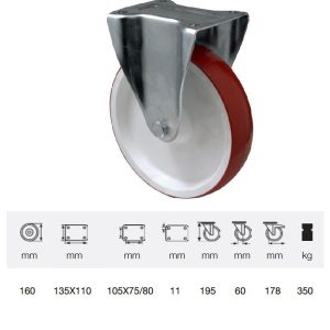 FPPU 1603 2100, Rolă fixă, cu suprafață de rulare din poliuretan, montată în furcă zincată, 160 mm, capacitate de încărcare 300 kg, prindere cu placă