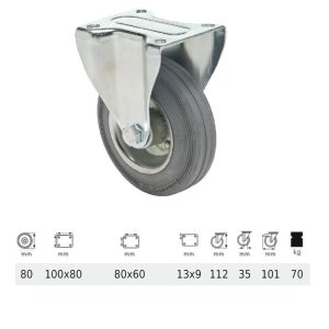 FPSG 0801 2000 L, Rolă fixă, suprafață de rulare din cauciuc gri, fără urme, 80 mm, capacitate de încărcare 70 kg, prindere cu placă