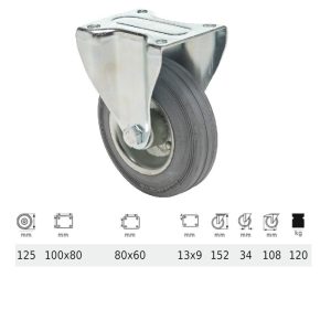 FPSG 1251 2000 L, Rolă fixă, suprafață de rulare din cauciuc gri, fără urme, 125 mm, capacitate de încărcare 120 kg, prindere cu placă