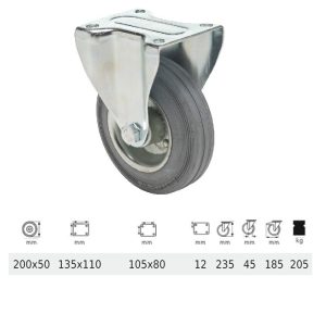 FPSG 2003 2000 W, Rolă fixă, suprafață de rulare din cauciuc gri, fără urme, 200 mm, capacitate de încărcare 205 kg, prindere cu placă
