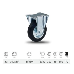 FPSM 0801 2000 L, Rolă fixă, suprafață de rulare din cauciuc negru, 80 mm, capacitate de încărcare 70 kg, prindere cu placă