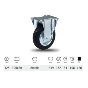 FPSM 1251 2000 L, Rolă fixă, suprafață de rulare din cauciuc negru, 125 mm, capacitate de încărcare 120 kg, prindere cu placă