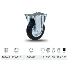 FPSM 1603 2000 W, Rolă fixă, suprafață de rulare din cauciuc negru, 160 mm, capacitate de încărcare 160 kg, prindere cu placă