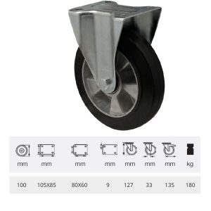 FTAB 1002 6150, Rolă fixă, montată în furcă zincată, cu suprafață de rulare din cauciuc plin negru, 100 mm, 180 kg, prindere cu placă