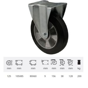 FTAB 1252 6150, Rolă fixă, montată în furcă zincată, cu suprafață de rulare din cauciuc plin negru, 125 mm, 200 kg, prindere cu placă