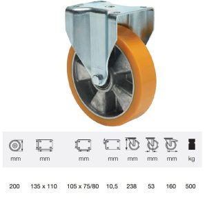 FTAU 2003 6440, Rolă fixă, cu suprafață de rulare din poliuretan, montată în furcă zincată, 200 mm, capacitate de încărcare 500 kg, prindere cu placă