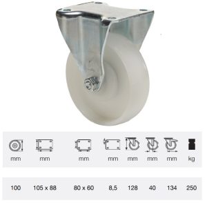 FTPN 1002 5100, Rolă fixă, suprafață de rulare din plastic (poliamidă), montată în furcă zincată, 100 mm, capacitate de încărcare 250 kg, prindere cu placă