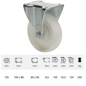 FTPN 1252 5100, Rolă fixă, suprafață de rulare din plastic (poliamidă), montată în furcă zincată, 125 mm, capacitate de încărcare 250 kg, prindere cu placă