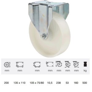 FTPN 1603 6100, Rolă fixă, suprafață de rulare din plastic (poliamidă), montată în furcă zincată, 160 mm, capacitate de încărcare 500 kg, prindere cu placă