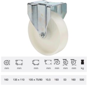 FTPN 2003 6100, Rolă fixă, suprafață de rulare din plastic (poliamidă), montată în furcă zincată, 200 mm, capacitate de încărcare 500 kg, prindere cu placă