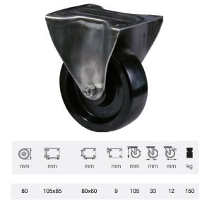 FXFL 0801 1000, termorezistentă (până la +280°C) rolă fixă, montată în furcă inox, suprafață de rulare din compozit cu rășină fenolică, 100 mm, capacitate de încărcare 150 kg, prindere cu placă