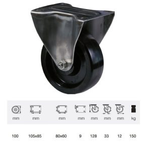 FXFL 1001 1000, termorezistentă (până la +280°C) rolă fixă, montată în furcă inox, suprafață de rulare din compozit cu rășină fenolică, 100 mm, capacitate de încărcare 150 kg, prindere cu placă