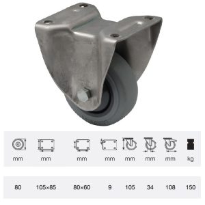 FXPF 0801 7100, Rolă fixă, montată în furcă inox, Suprafață de rulare premium din cauciuc plin PERFORMA, 80 mm, capacitate de încărcare 150 kg, prindere cu placă