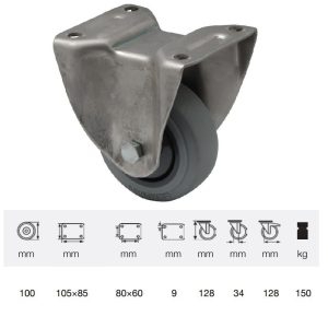 FXPF 1001 7100, Rolă fixă, montată în furcă inox, Suprafață de rulare premium din cauciuc plin PERFORMA, 100 mm, capacitate de încărcare 150 kg, prindere cu placă