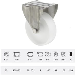 FXPN 0801 1100, Rolă fixă, suprafață de rulare din plastic (poliamidă), montată în furcă inox, 80 mm, capacitate de încărcare 150 kg, prindere cu placă