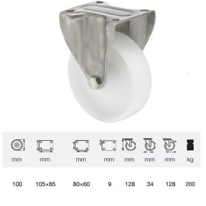 FXPN 1001 1100, Rolă fixă, suprafață de rulare din plastic (poliamidă), montată în furcă inox, 100 mm, capacitate de încărcare 200 kg, prindere cu placă