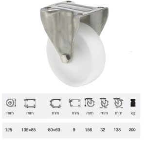 FXPN 1251 1100, Rolă fixă, suprafață de rulare din plastic (poliamidă), montată în furcă inox, 125 mm, capacitate de încărcare 200 kg, prindere cu placă