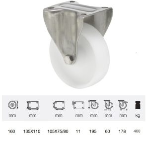 FXPN 1603 1100, Rolă fixă, suprafață de rulare din plastic (poliamidă), montată în furcă inox, 160 mm, capacitate de încărcare 400 kg, prindere cu placă