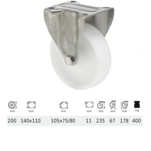 FXPN 2003 1100, Rolă fixă, suprafață de rulare din plastic (poliamidă), montată în furcă inox, 200 mm, capacitate de încărcare 400 kg, prindere cu placă