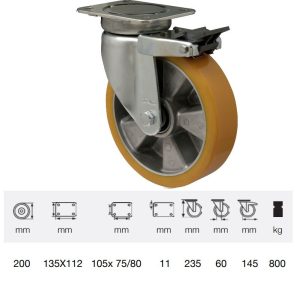 JBAU 2003 6440/B, Rolă pivotantă cu frână pentru sarcini mari, Suprafață de rulare din poliuretan, montată în furcă zincată, 200 mm, capacitate de încărcare 800 kg,