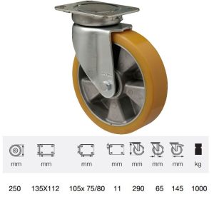 JBAU 2503 6550, Rolă pivotantă pentru sarcini mari, Suprafață de rulare din poliuretan, montată în furcă zincată, 250 mm, capacitate de încărcare 1000 kg,