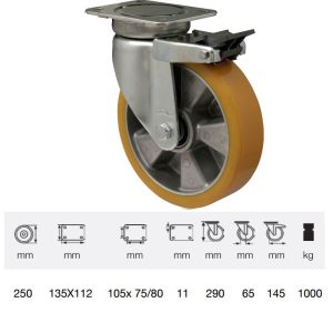 JBAU 2503 6550/B, Rolă pivotantă cu frână pentru sarcini mari, Suprafață de rulare din poliuretan, montată în furcă zincată, 250 mm, capacitate de încărcare 1000 kg,