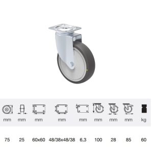 JDPC_0751_5000 rolă pivotantă, conductivă electric, 75 mm, capacitate de încărcare 60 kg, prindere cu placă
