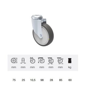 JDPC_0755_5000 rolă pivotantă, conductivă electric, 75 mm, capacitate de încărcare 60 kg, prindere cu gaură centrală