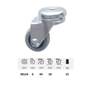 JDPE 0305 1001 rolă pivotantă, 50 mm, capacitate de încărcare 15 kg, prindere cu gaură centrală