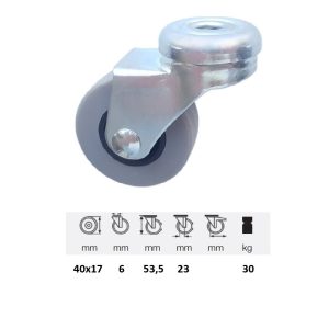 JDPE 0405 1001 rolă pivotantă, 40 mm, capacitate de încărcare 30 kg, prindere cu gaură centrală