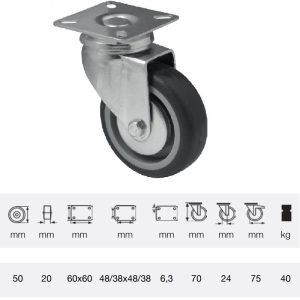 JDPE 0501 1001, Rolă pivotantă, 50 mm, capacitate de încărcare 40 kg, prindere cu placă