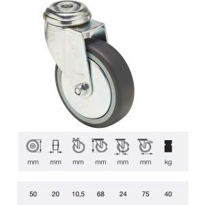 JDPE 0505 1001, Rolă pivotantă, 50 mm, capacitate de încărcare 40 kg, prindere cu gaură centrală