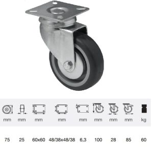 JDPE 0751 1001, Rolă pivotantă, 75 mm, capacitate de încărcare 60 kg, prindere cu placă