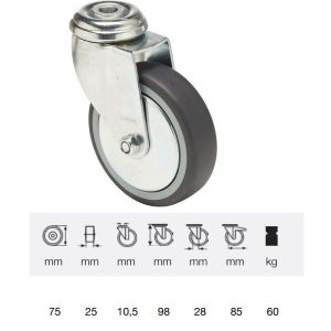 JDPE 0755 1001, Rolă pivotantă, 75 mm, capacitate de încărcare 60 kg, prindere cu gaură centrală
