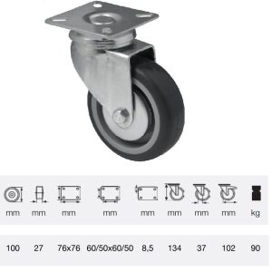 JDPE 1001 1001, Rolă pivotantă, 100 mm, capacitate de încărcare 90 kg, prindere cu placă