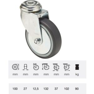 JDPE 1005 1001, Rolă pivotantă, 100 mm, capacitate de încărcare 90 kg, prindere cu gaură centrală