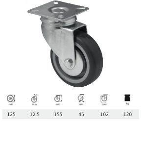 JDPE 1251 1001, Rolă pivotantă, 125 mm, capacitate de încărcare 120 kg, prindere cu placă
