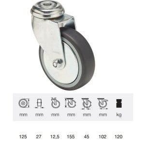 JDPE 1255 1001, Rolă pivotantă, 125 mm, capacitate de încărcare 120 kg, prindere cu gaură centrală