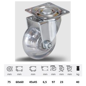 JDPI 0751 5000 rolă pivotantă cu frână, 75 mm, capacitate de încărcare 40 kg, prindere cu placă