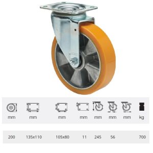 JHAU 2003 6440, Rolă pivotantă pentru sarcini mari, Suprafață de rulare din poliuretan, montată în furcă zincată, 200 mm, capacitate de încărcare 700 kg,