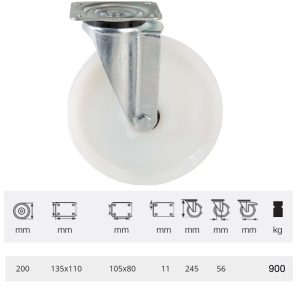JHPN 2003 6100, Rolă pivotantă pentru sarcini mari, suprafață de rulare din plastic (poliamidă), montată în furcă zincată, 200 mm, capacitate de încărcare 900 kg