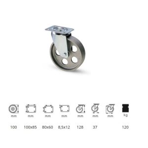 JLCN 1002 1000, Rolă pivotantă, montată în furcă zincată, roată din fontă, cu rezistență termică ridicată, 100 mm, capacitate de încărcare 120 kg, +500 Celsius