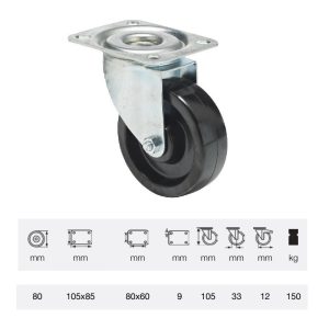 JLFL 0801 1000, termorezistentă (până la +280°C) rolă pivotantă, montată în furcă zincată, suprafață de rulare din compozit cu rășină fenolică, 80 mm, capacitate de încărcare 150 kg, prindere cu placă