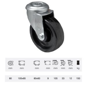 JLFL 0805 1000, termorezistentă (până la +280°C) rolă pivotantă, montată în furcă zincată, suprafață de rulare din compozit cu rășină fenolică, 80 mm, capacitate de încărcare 150 kg, prindere cu gaură centrală