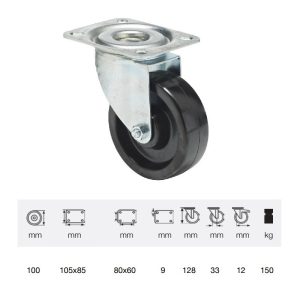 JLFL 1001 1000, termorezistentă (până la +280°C) rolă pivotantă, montată în furcă zincată, suprafață de rulare din compozit cu rășină fenolică, 100 mm, capacitate de încărcare 150 kg, prindere cu placă