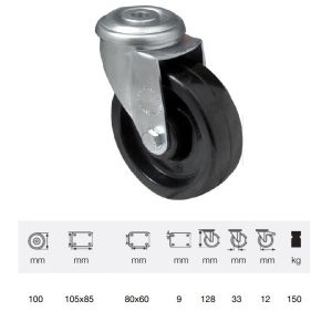 JLFL 1005 1000, termorezistentă (până la +280°C) rolă pivotantă, montată în furcă zincată, suprafață de rulare din compozit cu rășină fenolică, 100 mm, capacitate de încărcare 150 kg, prindere cu gaură centrală