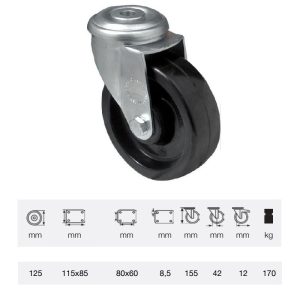 JLFL 1255 1000, termorezistentă (până la +280°C) rolă pivotantă, montată în furcă zincată, suprafață de rulare din compozit cu rășină fenolică, 125 mm, capacitate de încărcare 150 kg, prindere cu gaură centrală