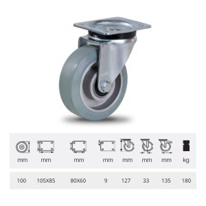 JPAG 1001 6150, Rolă pivotantă, montată în furcă zincată, cu suprafață de rulare din cauciuc gri, fără urme plin, 100 mm, 180 kg, prindere cu placă